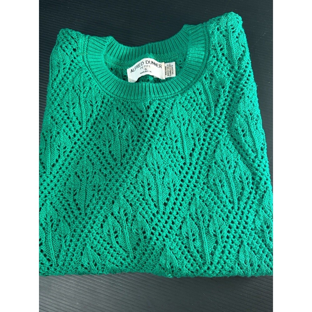 Vtg Alfred Dunner Green Crochet Knit Short Sleeve Sweater Sz Petite S Boho Fairy